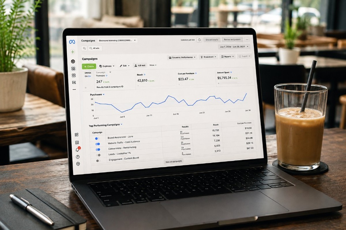 Meta Ads Manager open on a laptop showing campaign performance