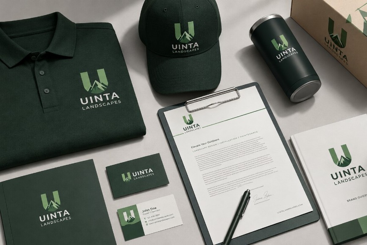Uinta Landscapes brand identity across apparel, packaging, stationery, and guidelines